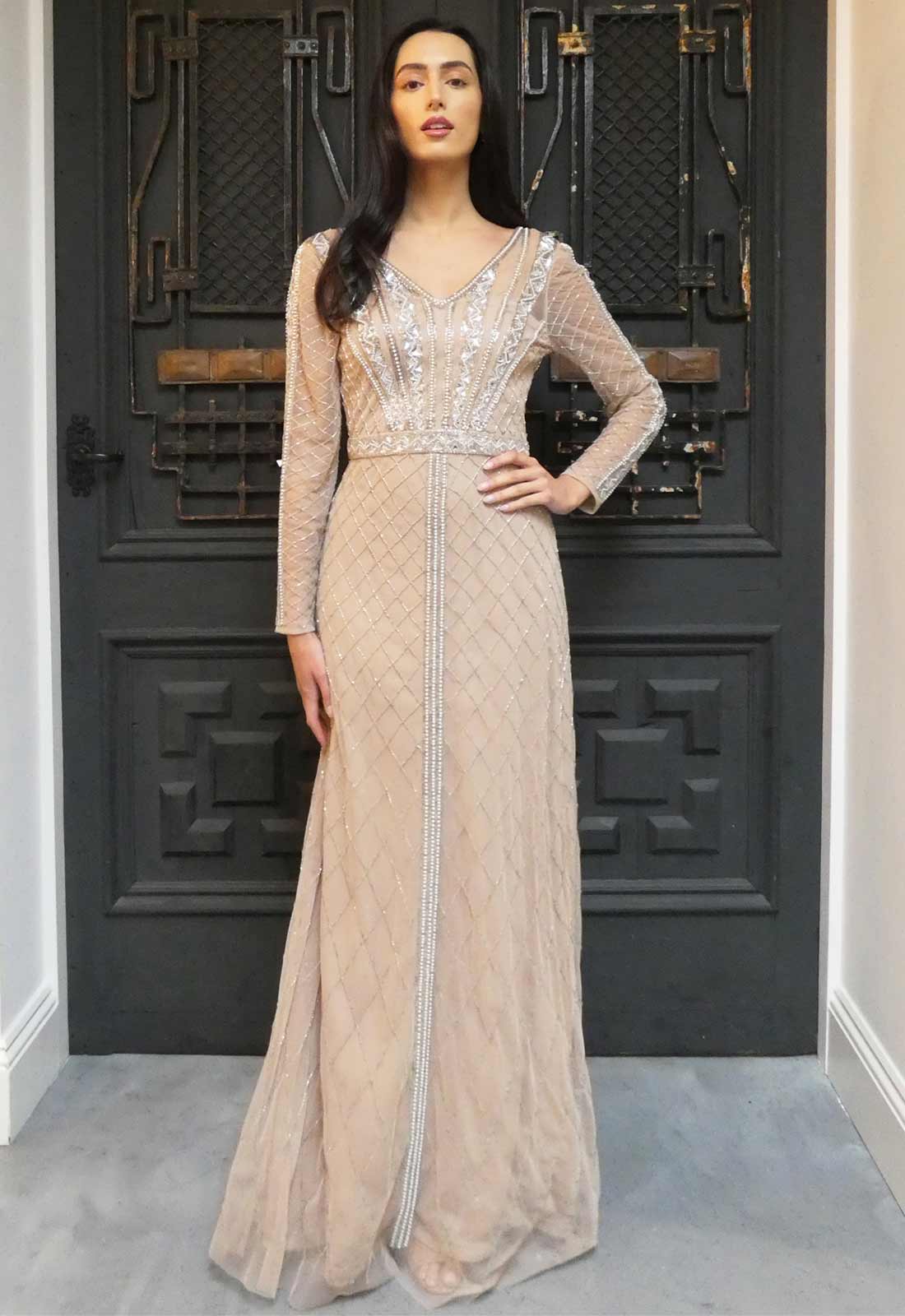 Raishma Couture Nude Liliane Embellished Maxi Dress-112576