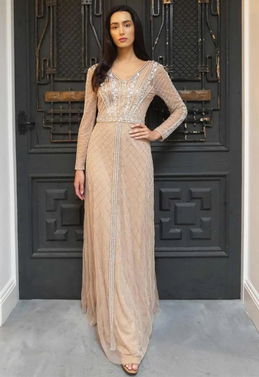 Raishma Couture Nude Liliane Embellished Maxi Dress