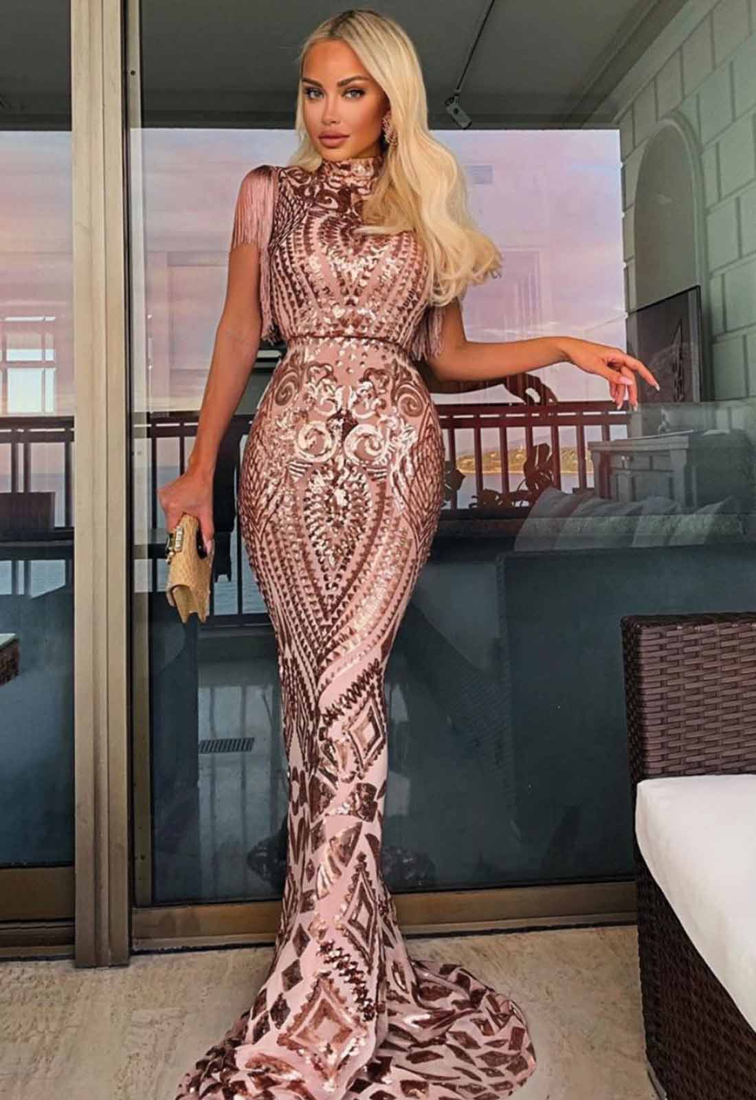 Nazz Collection Rose Gold Magic Tassel maxi dress