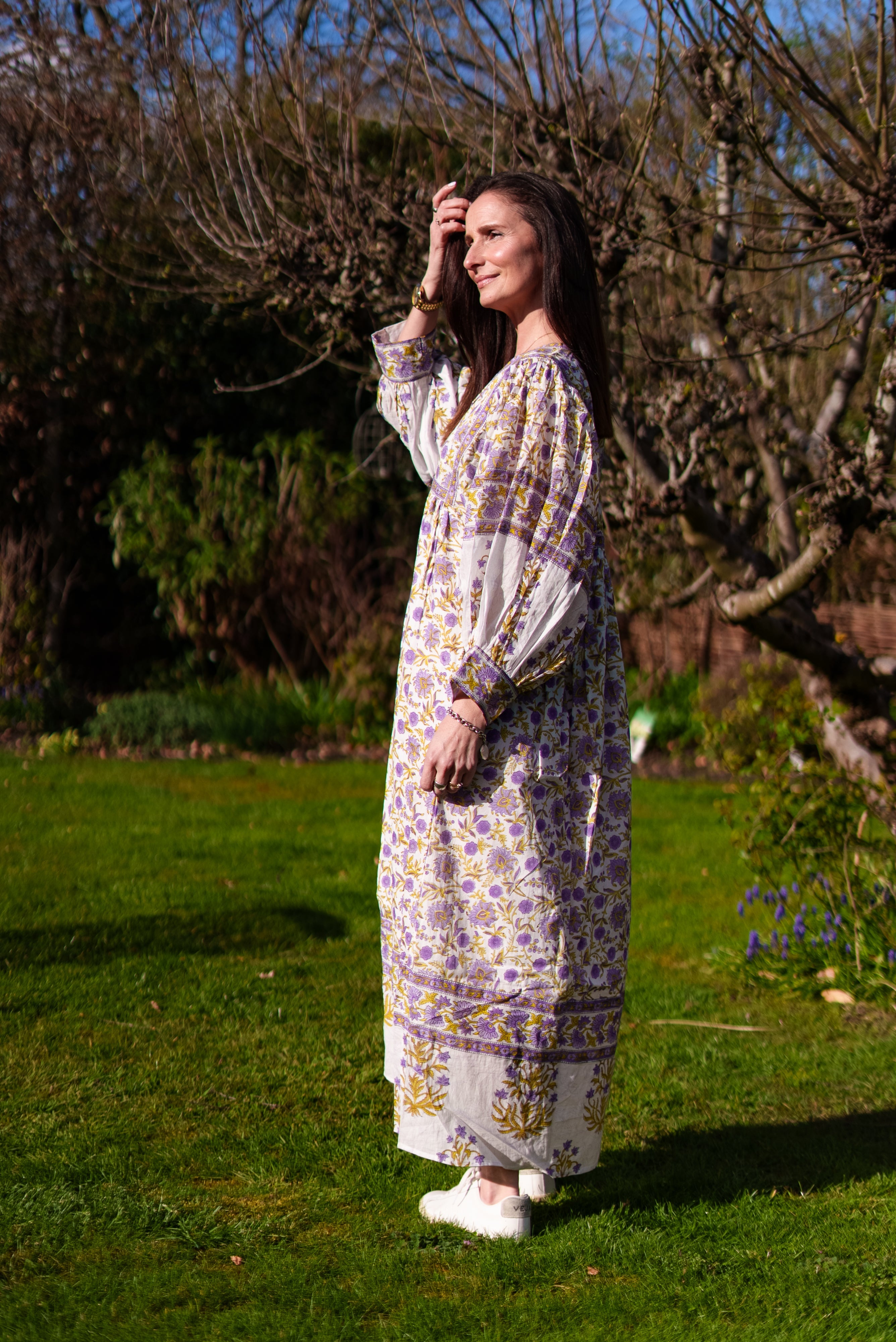 Soul Of Sita Amelia San Floral Lilac Floaty Sleeve Woodblock Print With Flowers, Maxi Dress