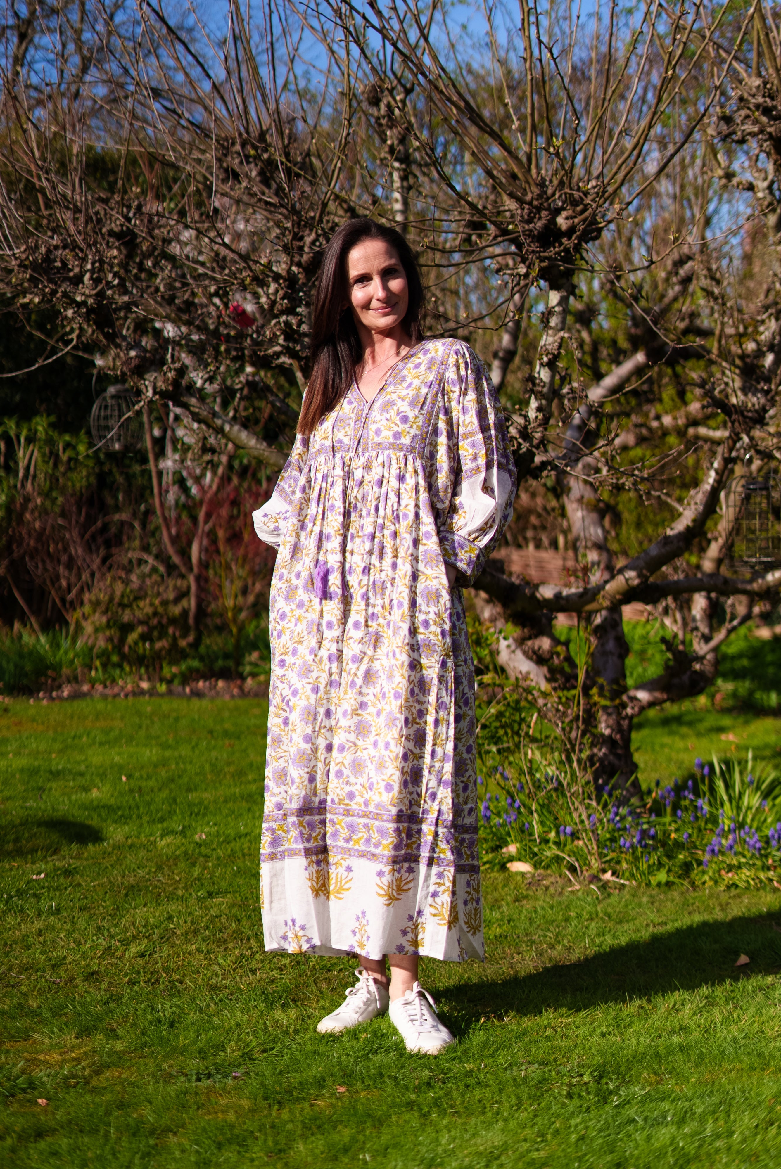 Soul Of Sita Amelia San Floral Lilac Floaty Sleeve Woodblock Print With Flowers, Maxi Dress