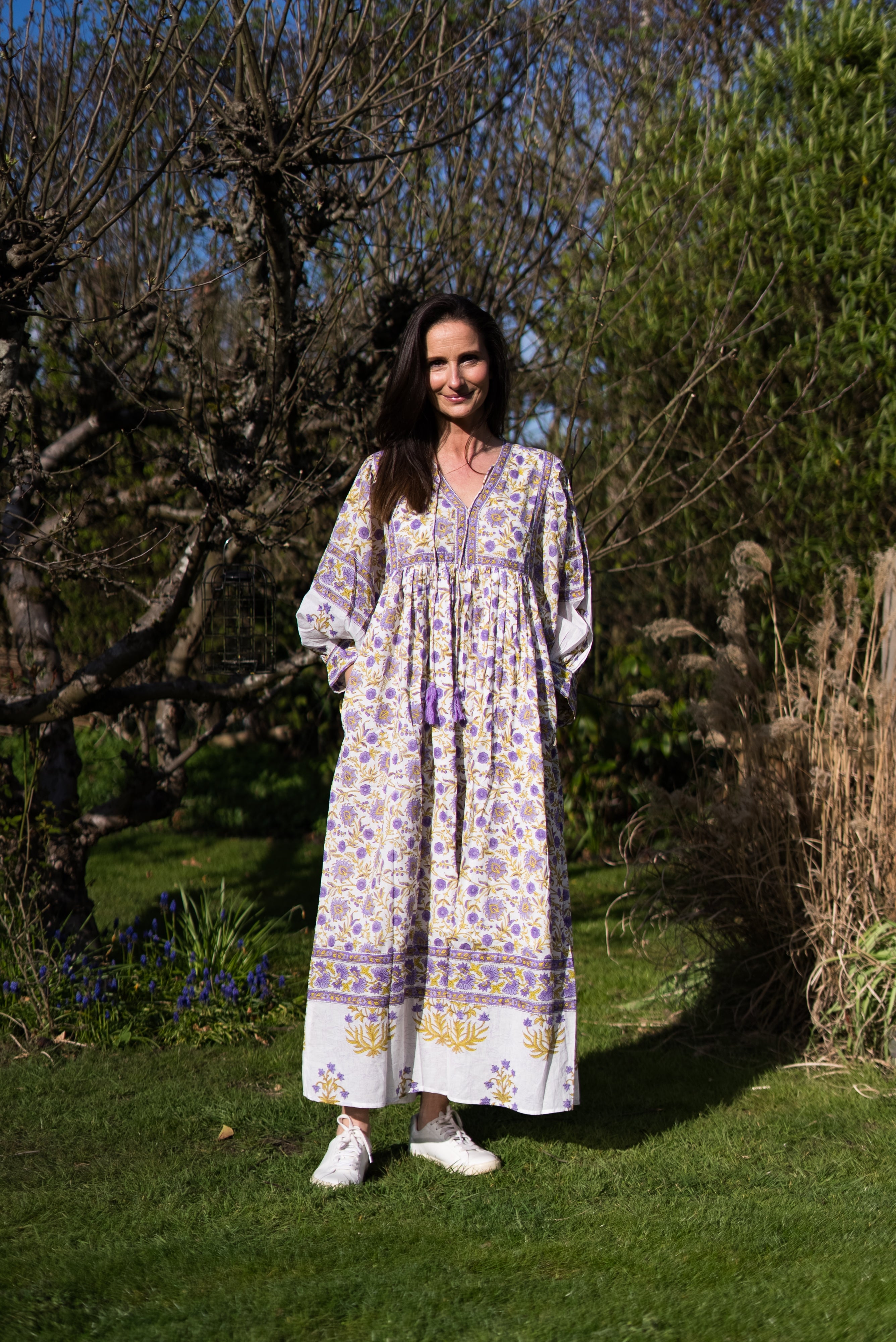 Soul Of Sita Amelia San Floral Lilac Floaty Sleeve Woodblock Print With Flowers, Maxi Dress