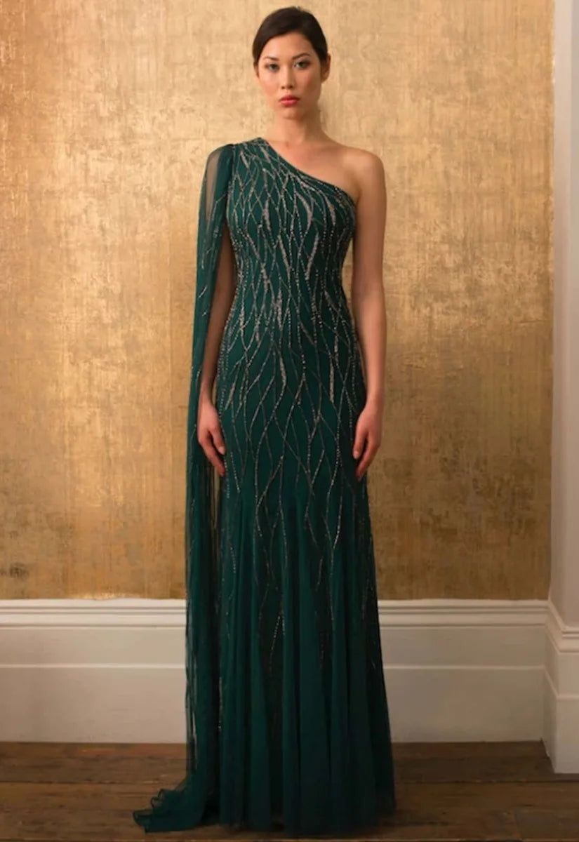 Raishma Mila Green One Shoulder Embellished Maxi Dress