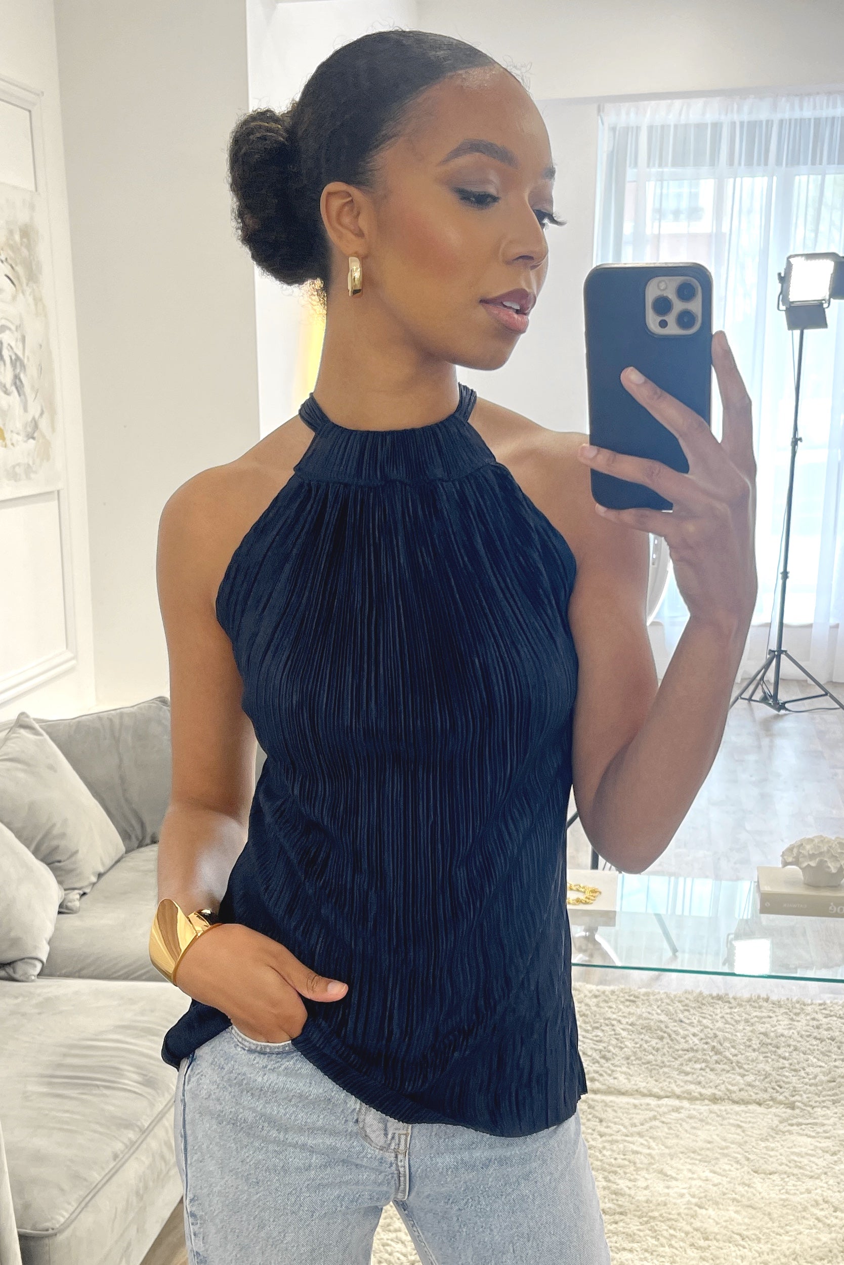 Honor Gold Millie Plisse Pleated Navy Halterneck Top
