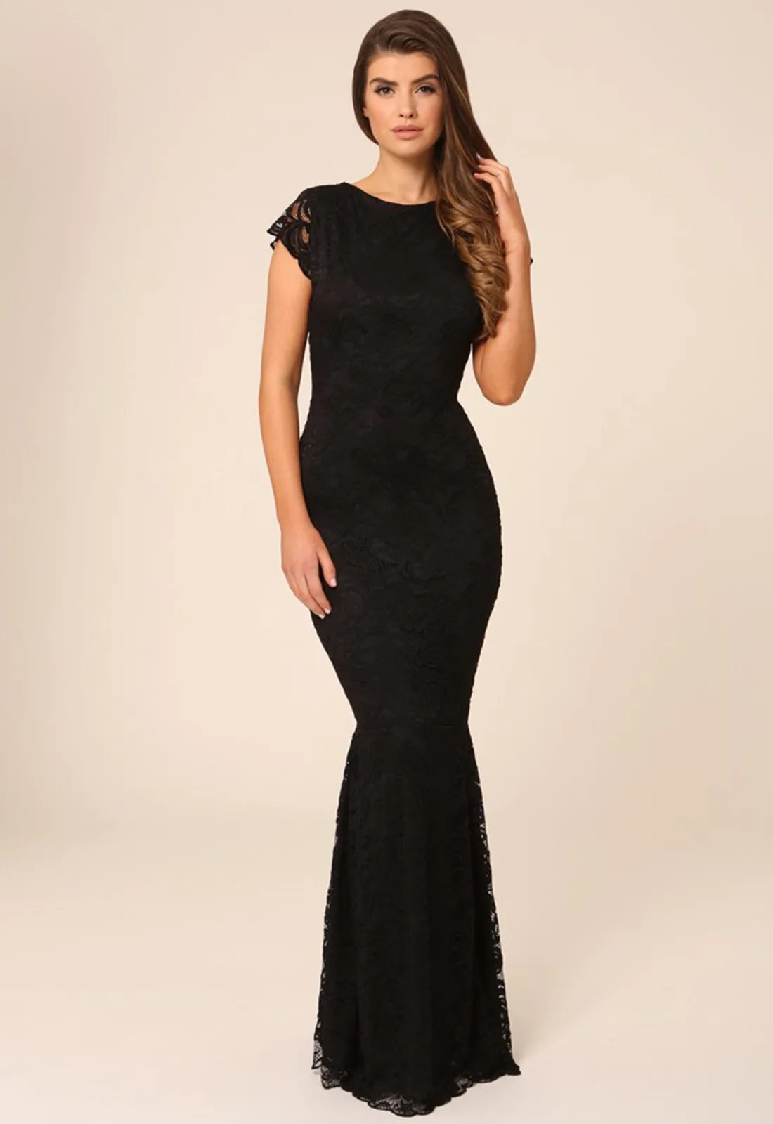 Honor Gold Faye Cap Sleeve Backless Lace Maxi Dress in Black