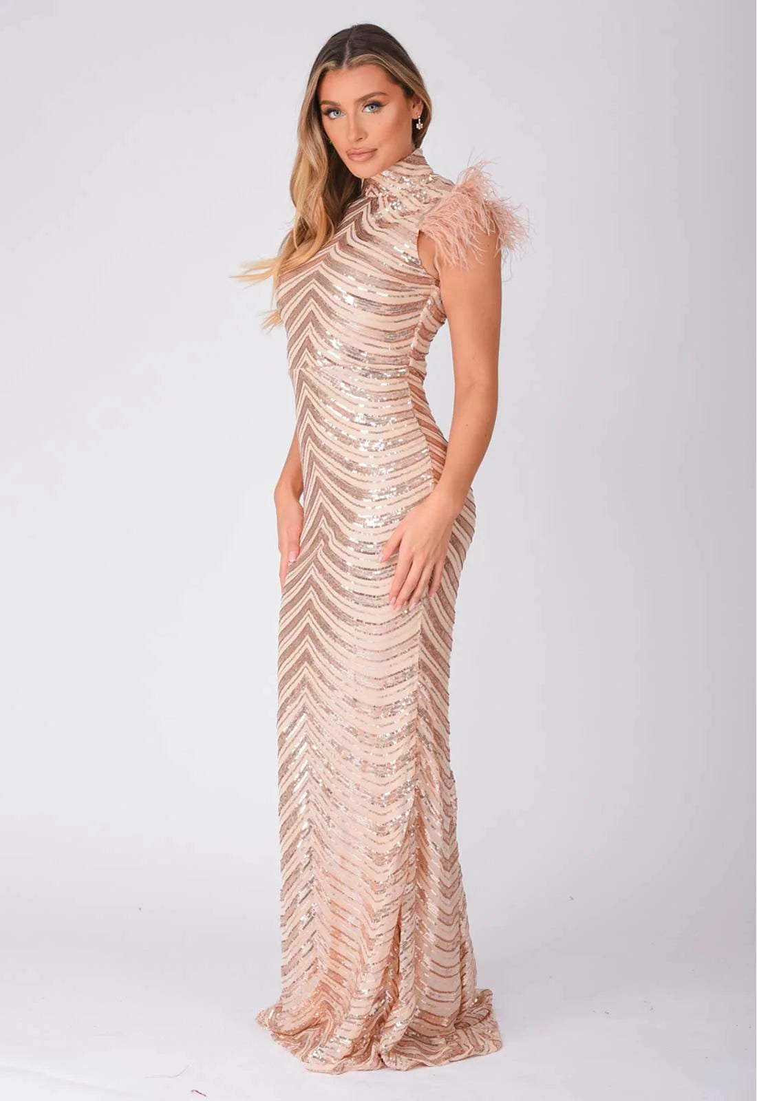 NAZZ Collection Rose Gold Power Feather Maxi Dress-92898