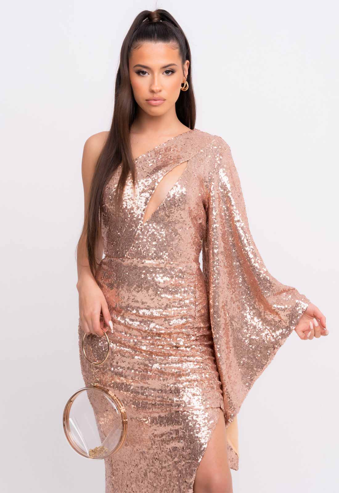Nazz Collection Rose Gold Halo Sequin Maxi Dress-107037