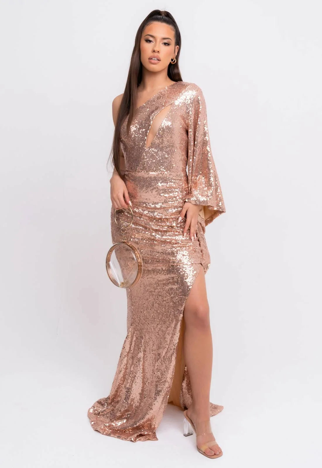 Nazz Collection Rose Gold Halo Sequin Maxi Dress-107033
