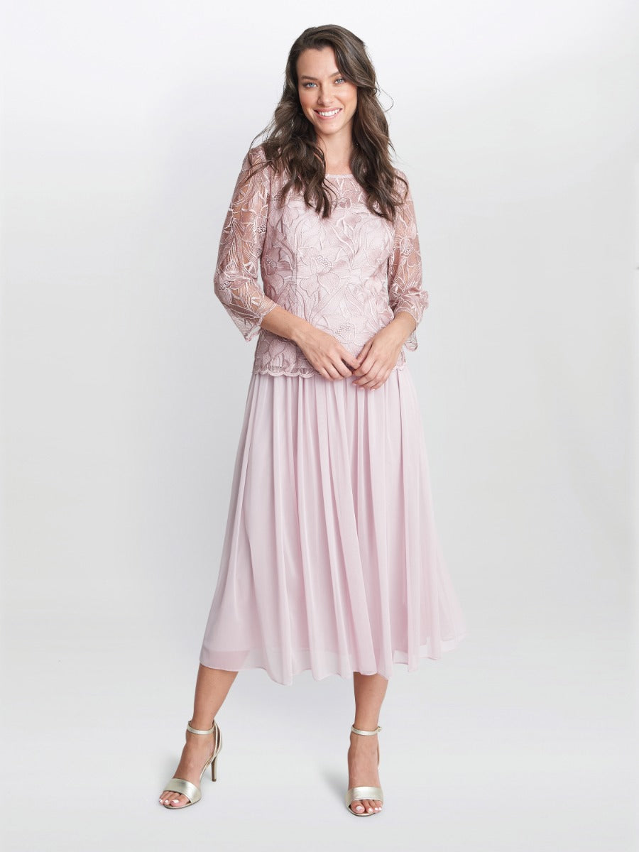 Gina Bacconi Rose Pink Philippa Midi Length Floral Lace Dress