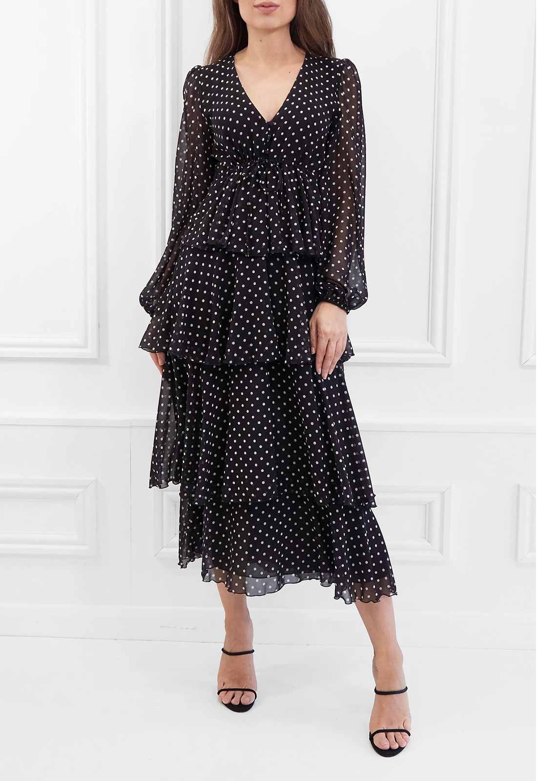 Honor Gold Black Serena Polka Dot Midi Dress-112679