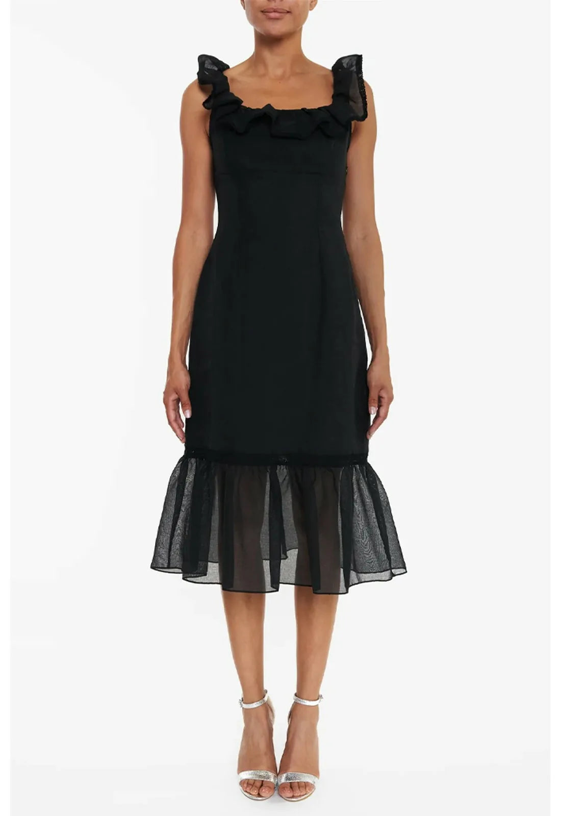 True Decadence Black Linen midi dress with tiered hemline