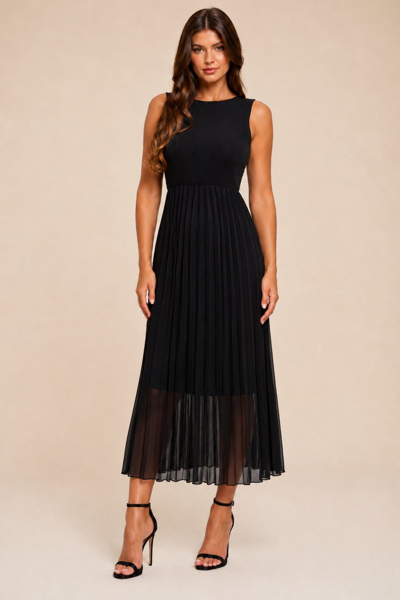 Honor Gold Tess Black Pleated Midi Dress