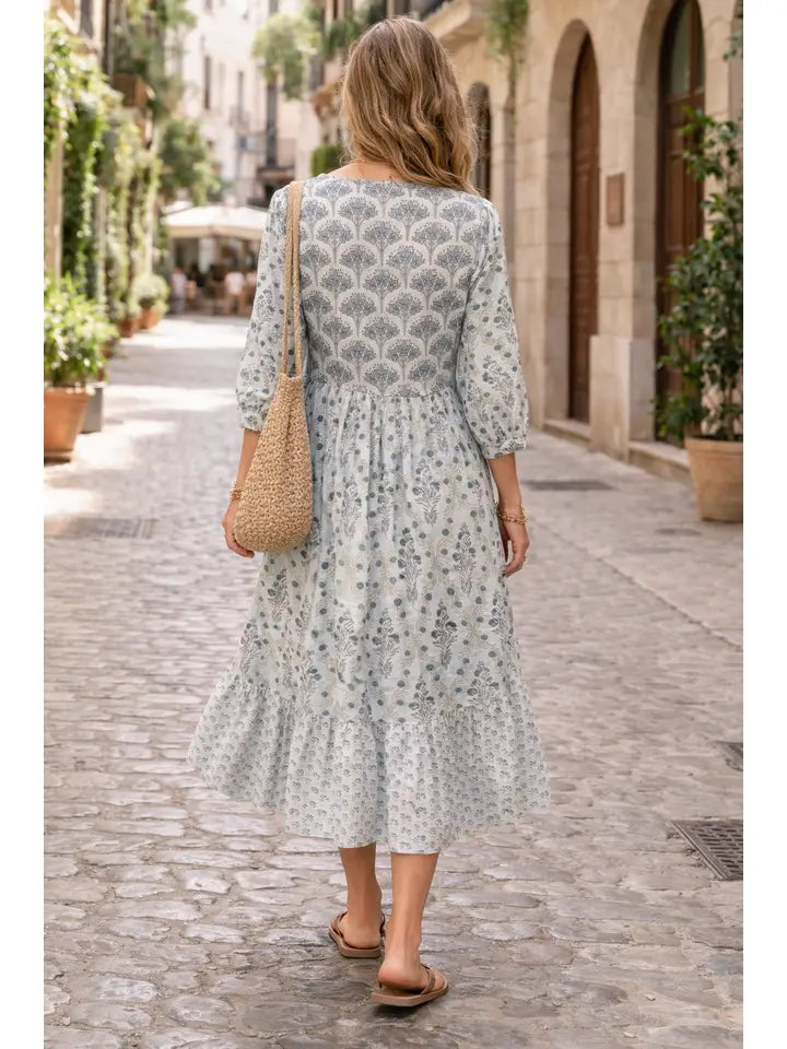 Soul Of Sita Aria Delicate Hand Block Multi Print Midi Dress In Cotton Voile In Blue