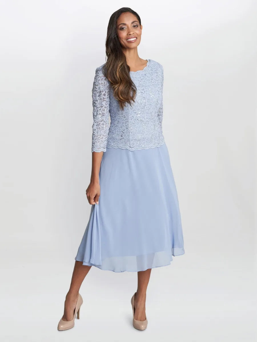 Gina Bacconi Rona Midi Length Dress With Lace Bodice Chiffon Skirt