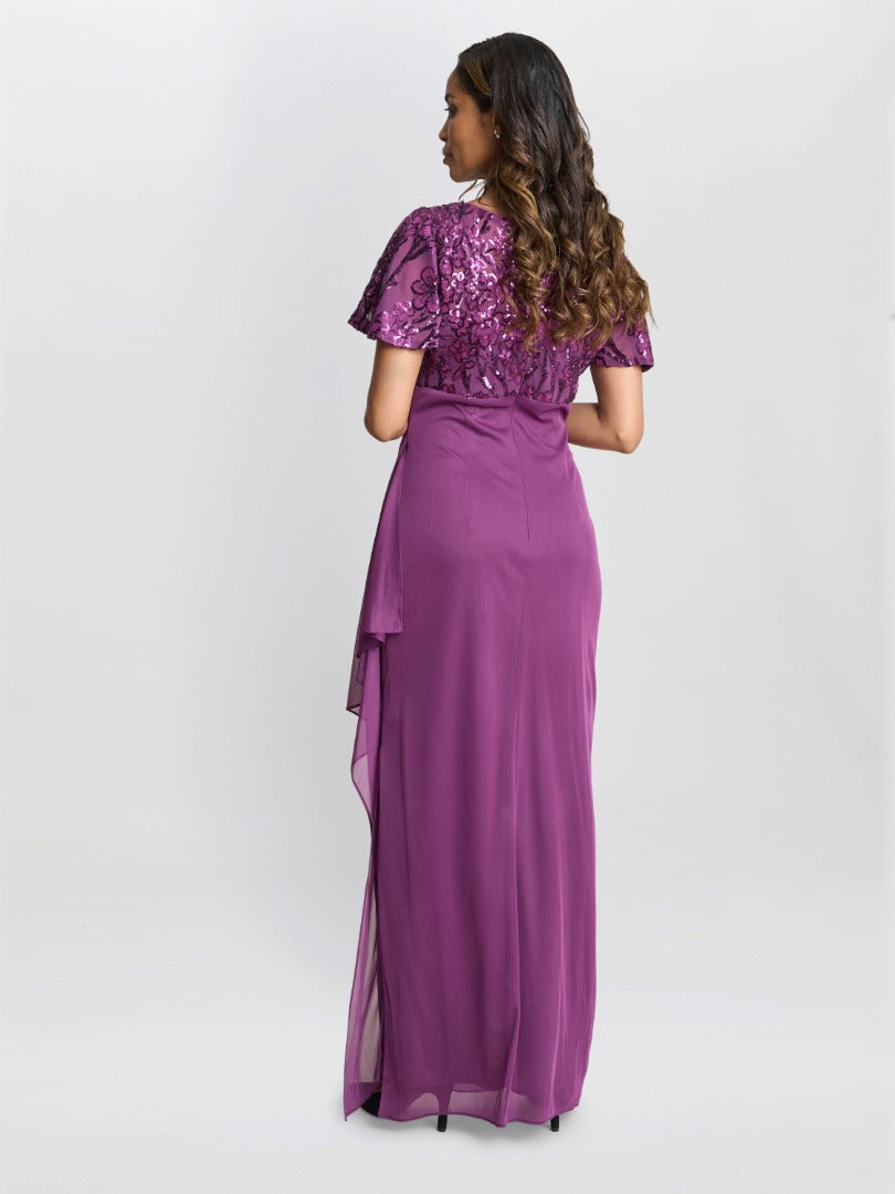 Gina Bacconi Kaitlyn Embroidered Sequin Flutter Sleeve Cascade Dress