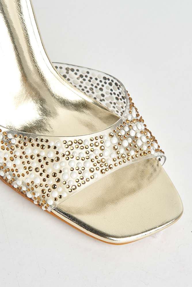 Isadora Perspex Diamante Gem Band & Diamante Strap Heels in Gold