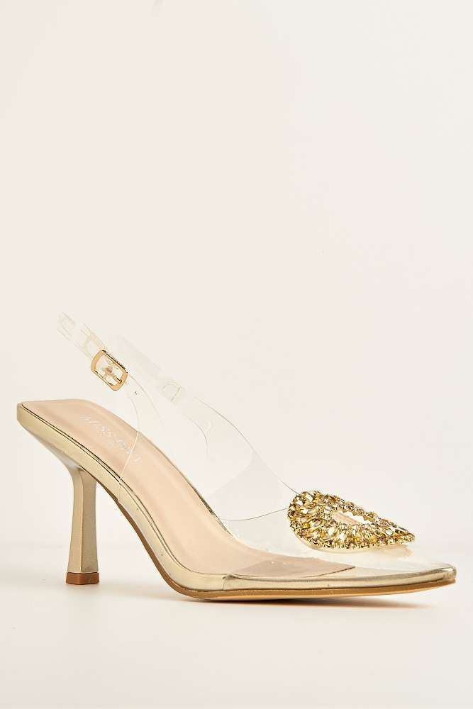 Miss Diva Gold Lolya Diamante Brooch Detail Perspex Court Shoe Heels