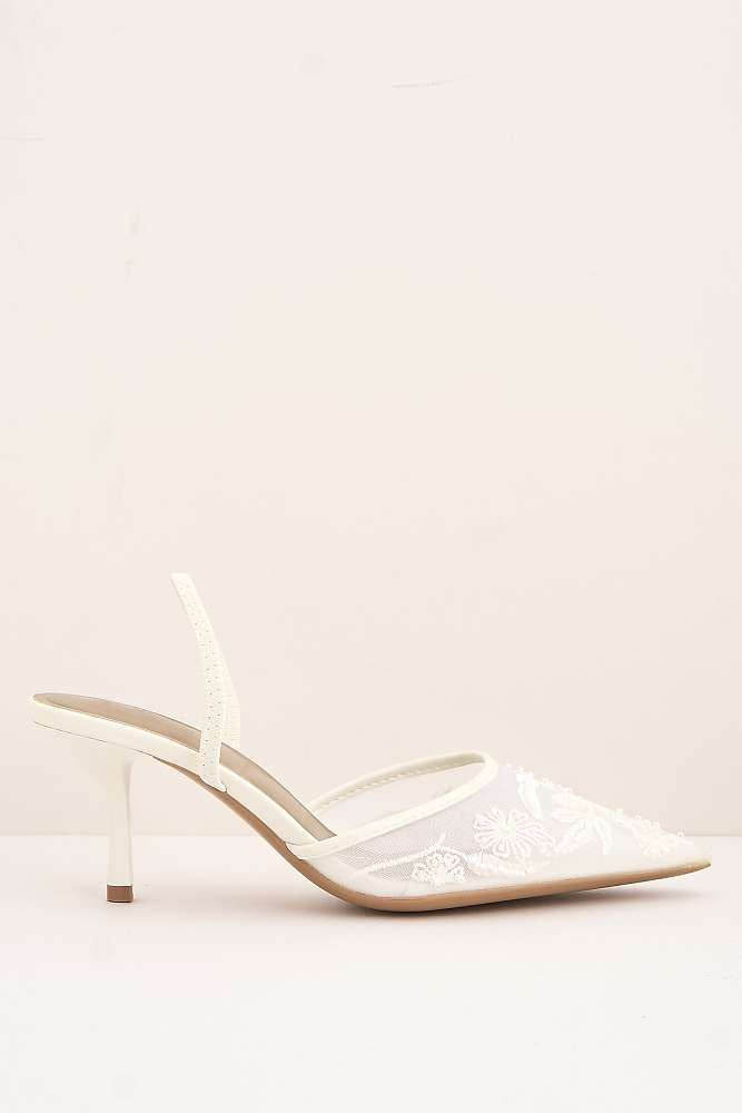 Miss Diva Romina Bead Embellished Mesh Slingback Court Shoes in White