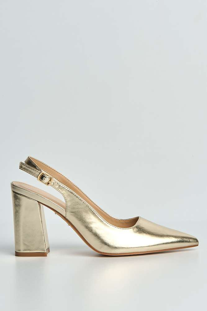 Kayra Pointed Toe Slingback Block Heel Court Shoes in Gold
