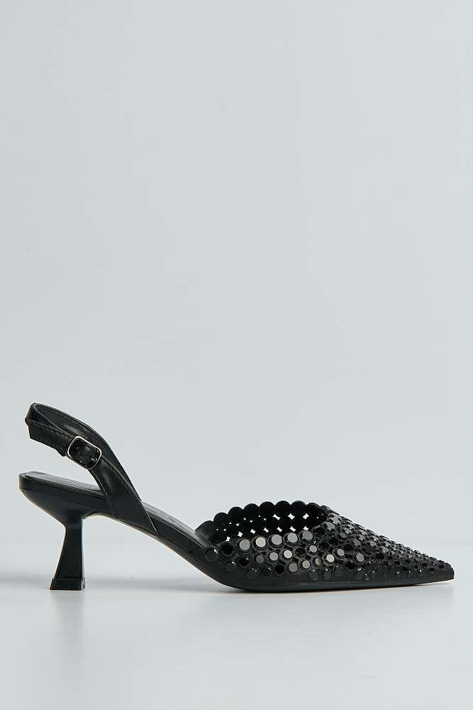 Giovanna Mirror Encrusted Slingback Court Shoes in Black