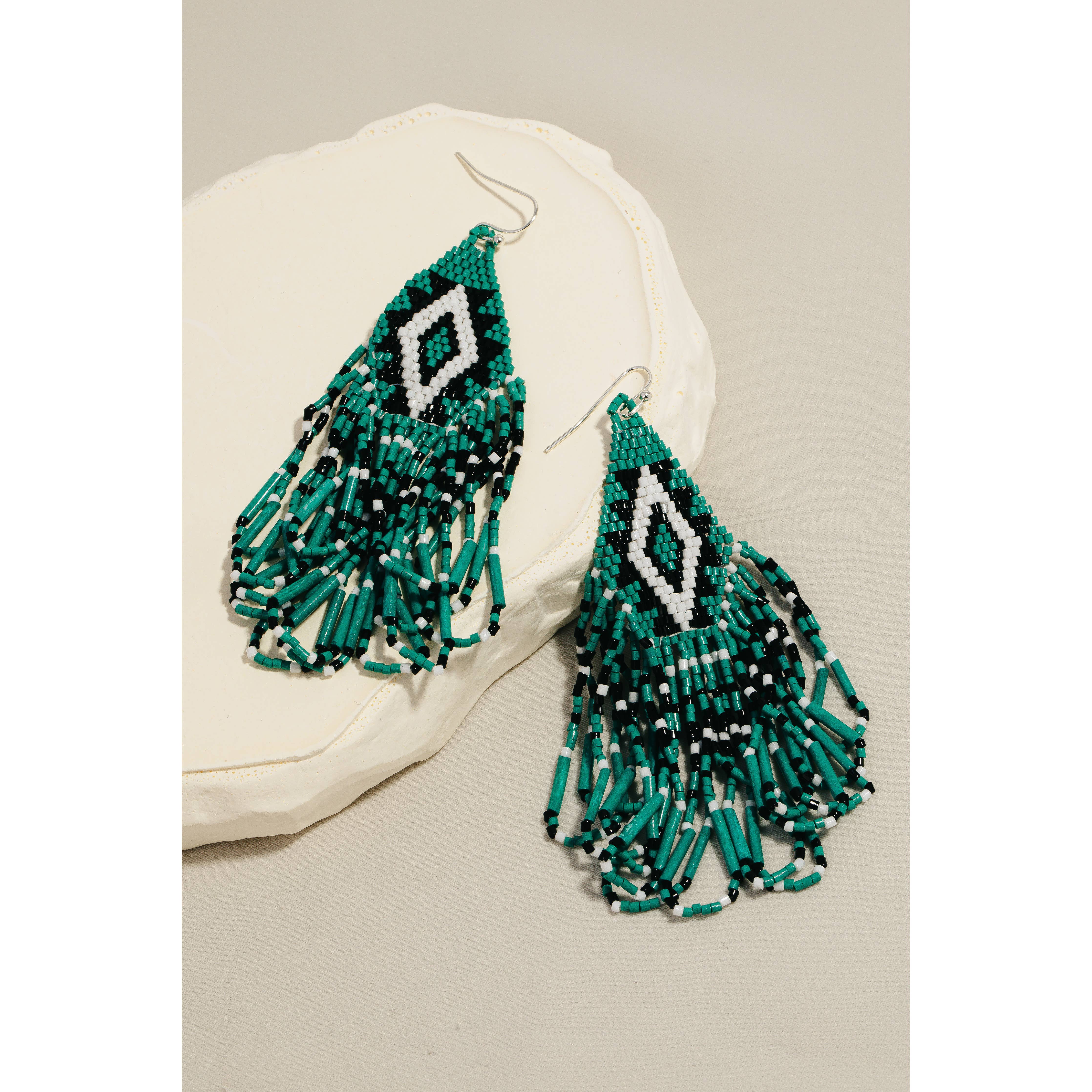 Soul Of Sita Triangular Boho Seed Beaded Fringe Dangle Earrings: Shp