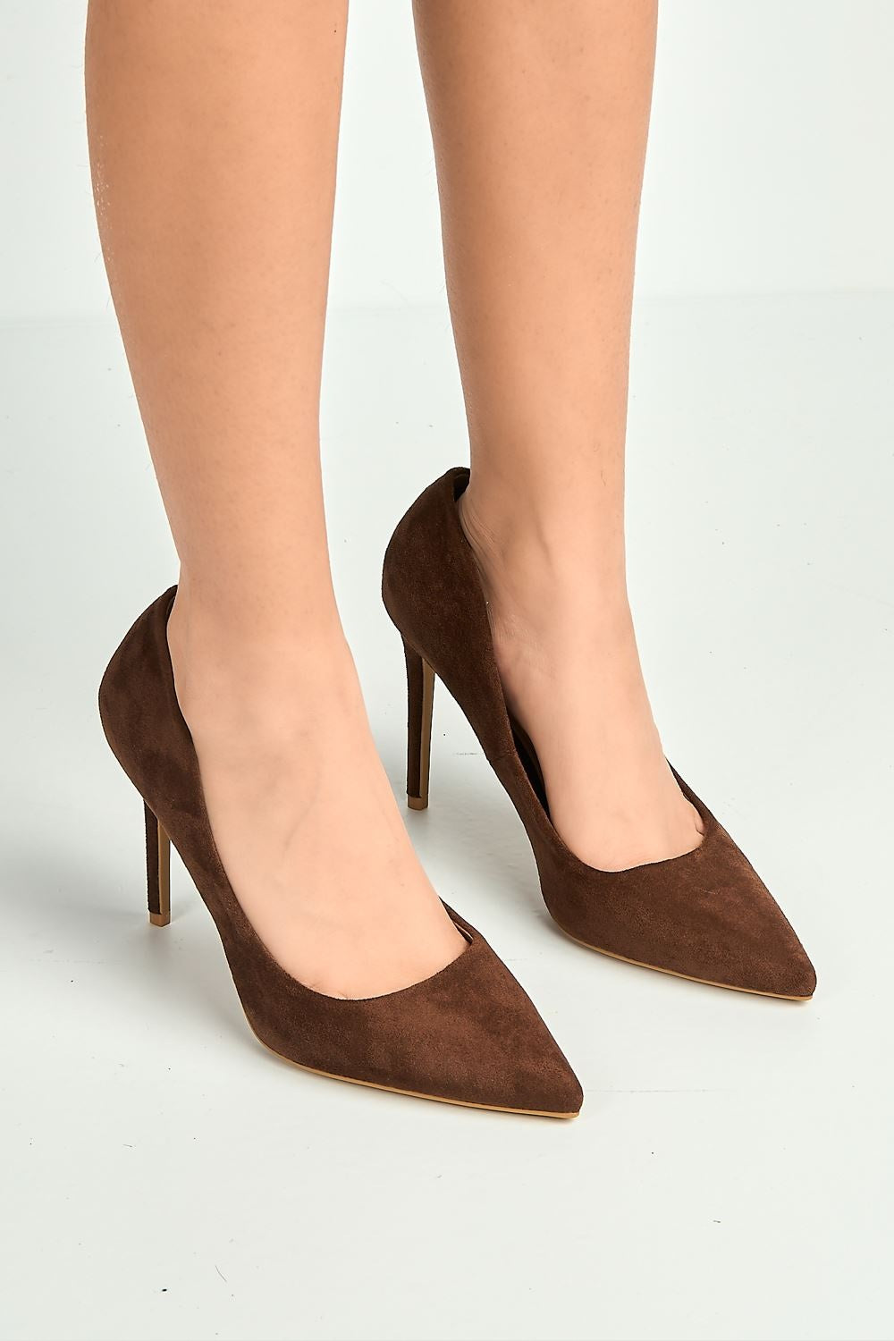 Miss Diva Chocolate Mila High Stiletto Faux Suede Heel Court Shoe