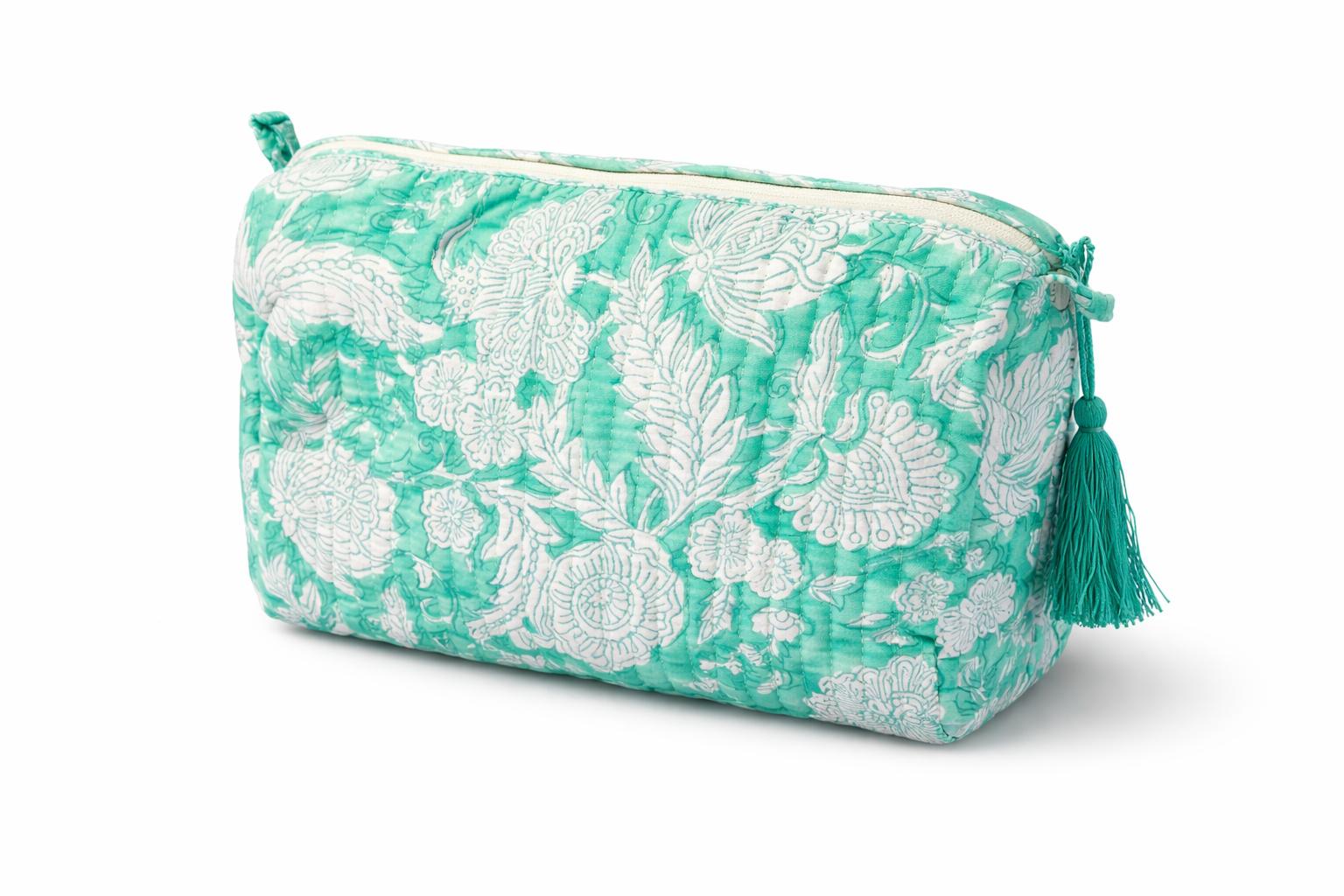 Soul Of Sita Woodblock Printed Mint Green Floral Quilted Makeup Bag