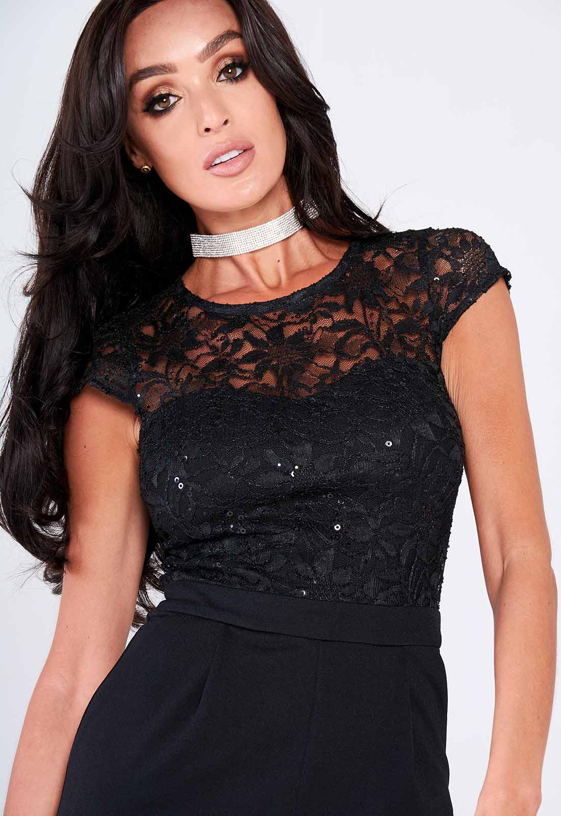 Lady Flare Black Sequin Jumpsuit-106502