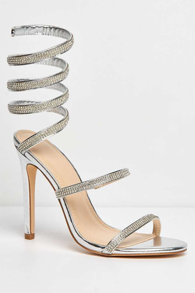 Miss Diva Hellena Diamante Embellished Women's Heeled Sandals in Silver