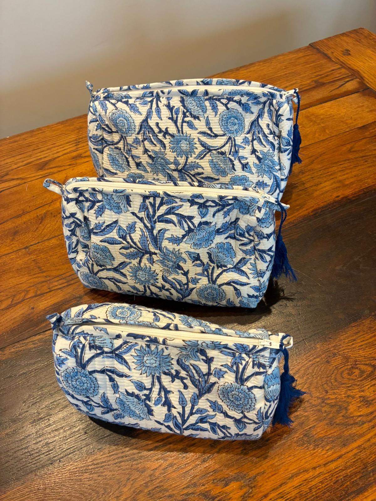 Soul Of Sita Woodblock Blue Floral Quilted Makeup Bag Set