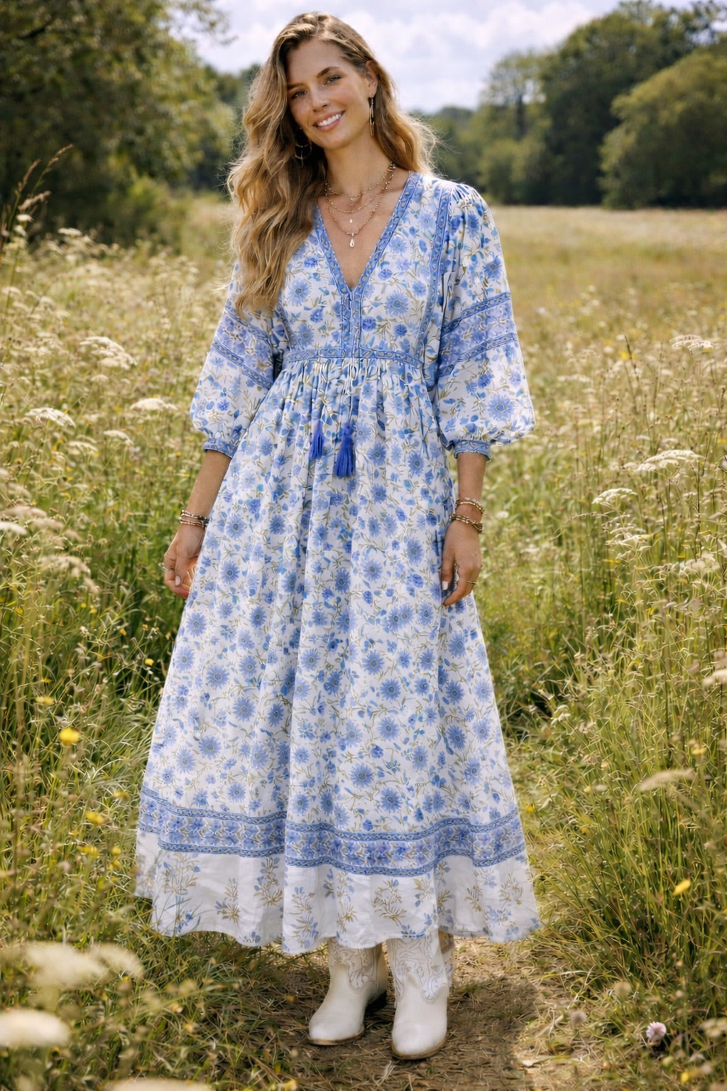 Soul Of Sita Amelia San Floral In Blue/Green Floaty Sleeve Maxi Folk Dress In Woodblock Print