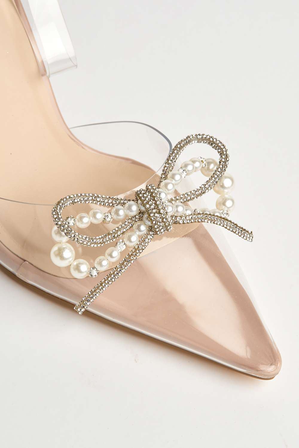 Orkide Diamante Bow and Pearl Detail Perspex Court Shoes in Nude Patent