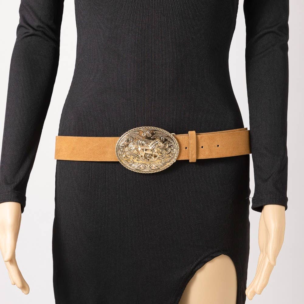 Soul Of Sita Suede Large Western Horse Medallion Buckle Belt: Brown