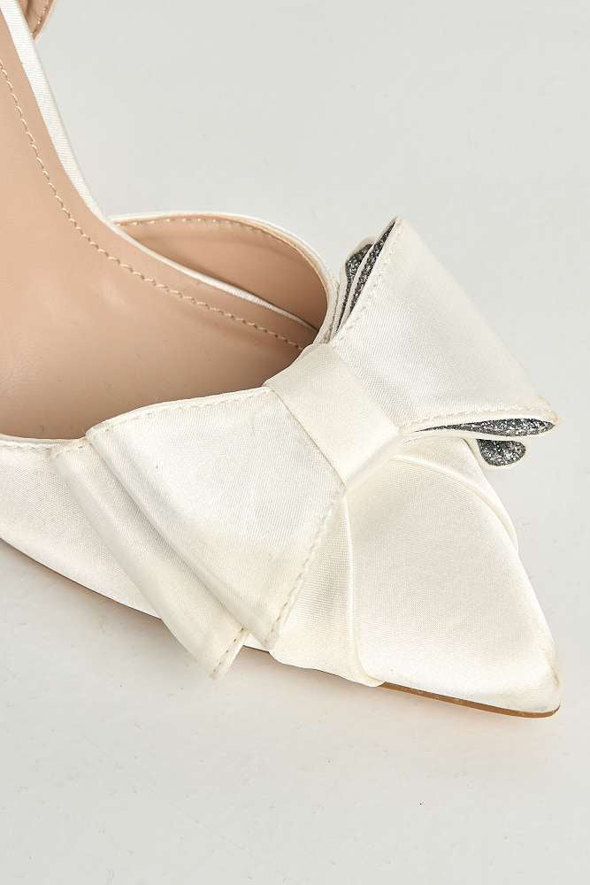 Salwa Pointy Toe Bow Slingback Court Shoes in White Satin