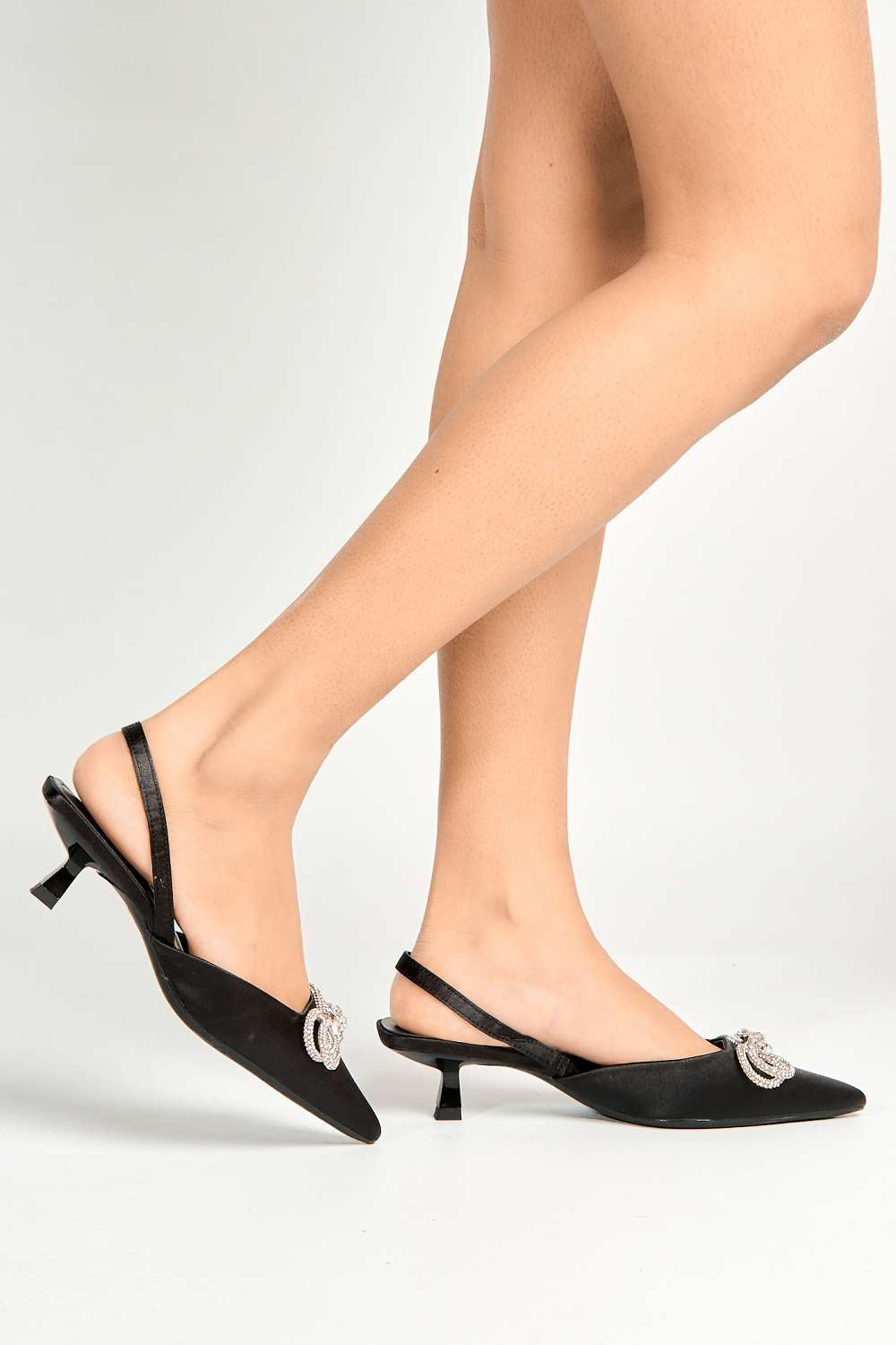 Nia Diamante Bow Detail Kitten Heel Court Shoes in Black