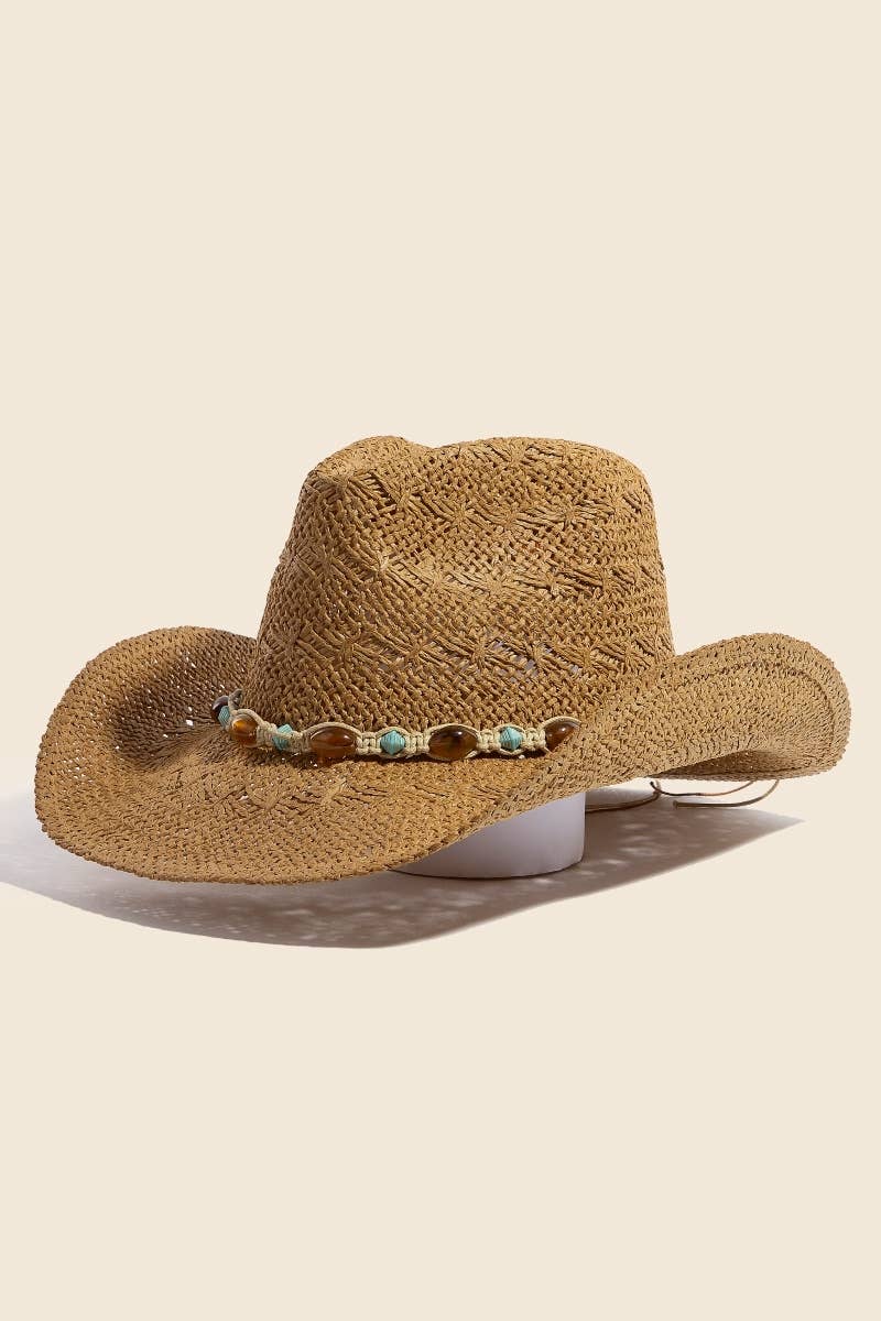 Soul Of Sita Mixed Beaded And Rope Western Fedora Straw Hat: Ka