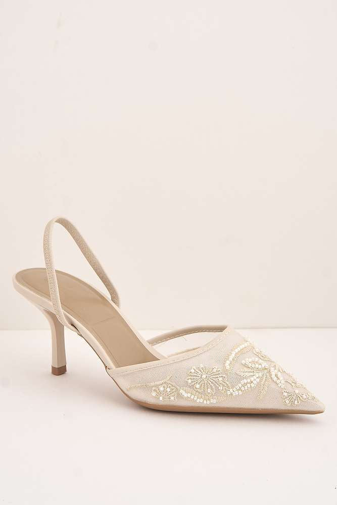 Romina Bead Embellished Mesh Slingback Court Shoes in Beige