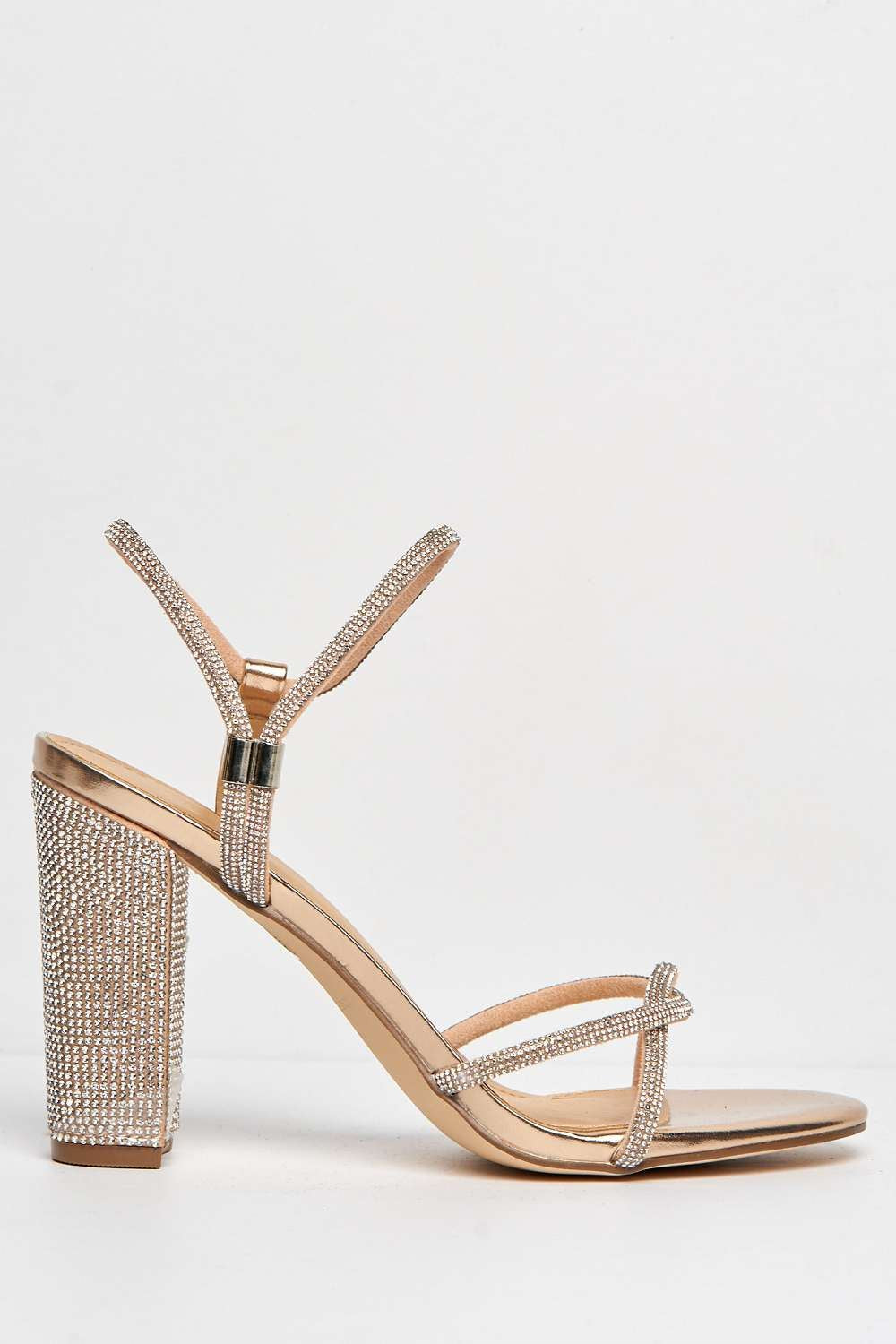 Miss Diva Rayah Diamante Embellished Block Heel Sandals in Rose Gold