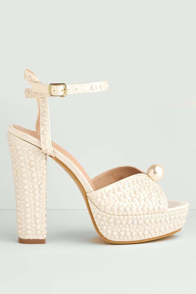 Amora Pearl Embellished Block Heel Anklestrap Sandals in White