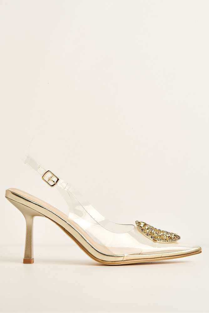 Miss Diva Gold Lolya Diamante Brooch Detail Perspex Court Shoe Heels
