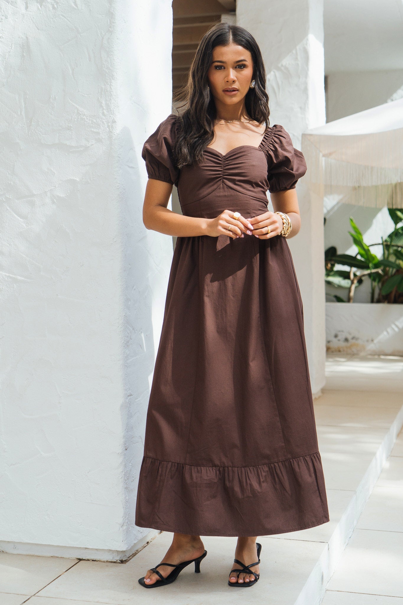 Gini London Brown Gypsy Puff Sleeves Midaxi Dress