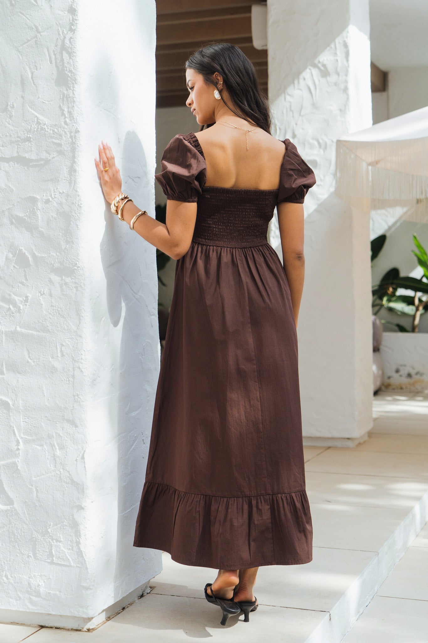 Gini London Brown Gypsy Puff Sleeves Midaxi Dress