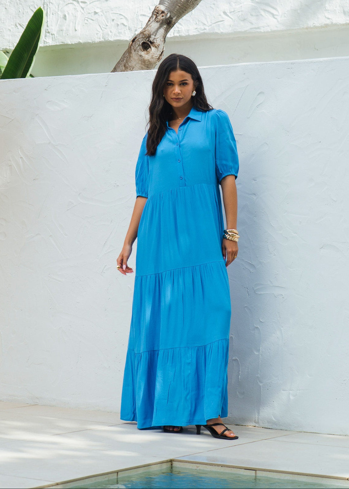 Gini London Blue Button Through Skater Maxi Dress