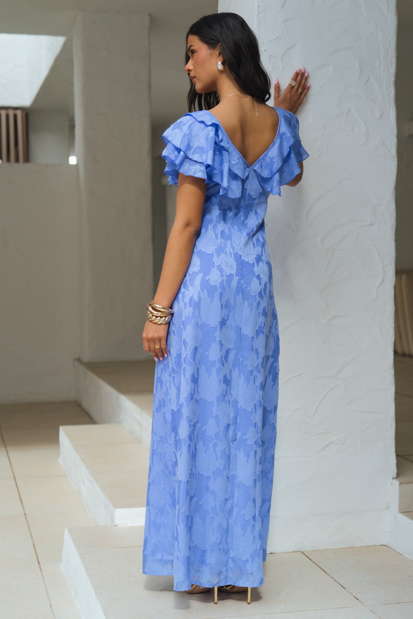 Gini London Blue Satin Jacquard Ruffle Maxi Dress