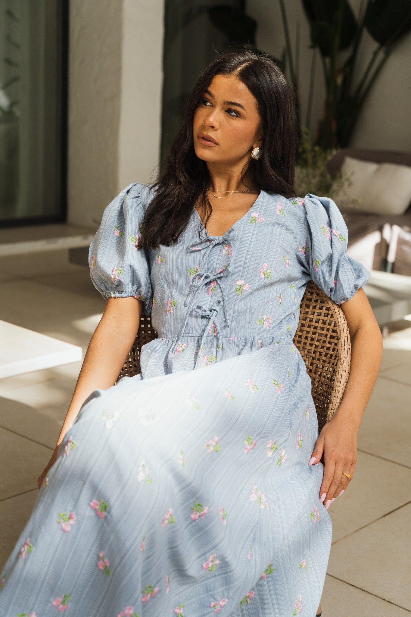 Gini London Blue Cotton Mix Tie Detail Puff Sleeves Midi Dress