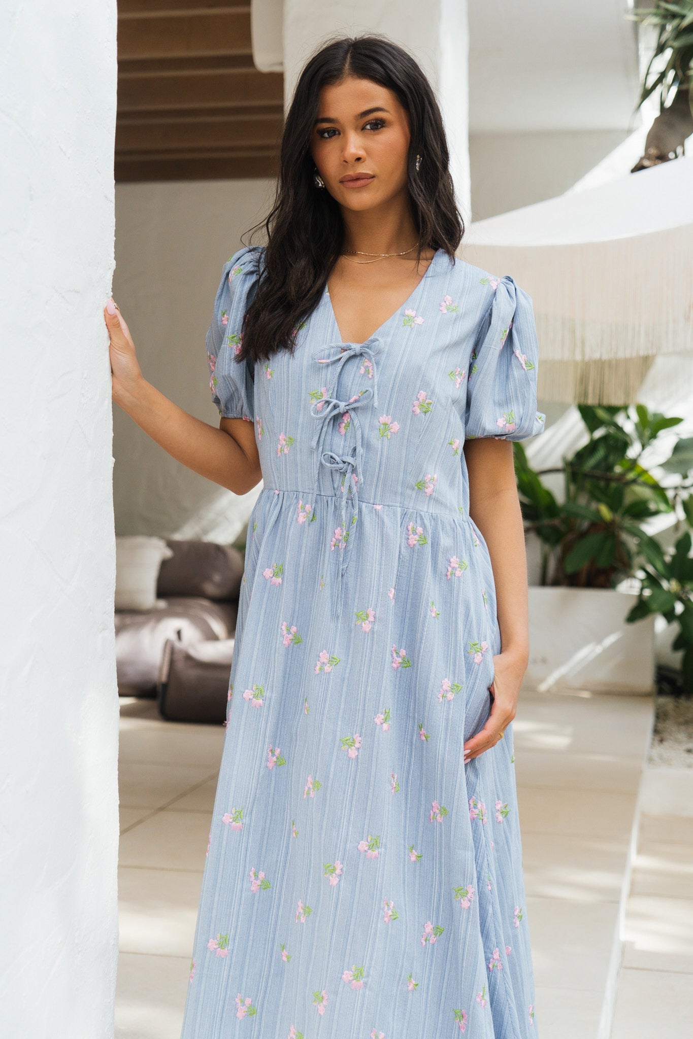 Gini London Blue Cotton Mix Tie Detail Puff Sleeves Midi Dress