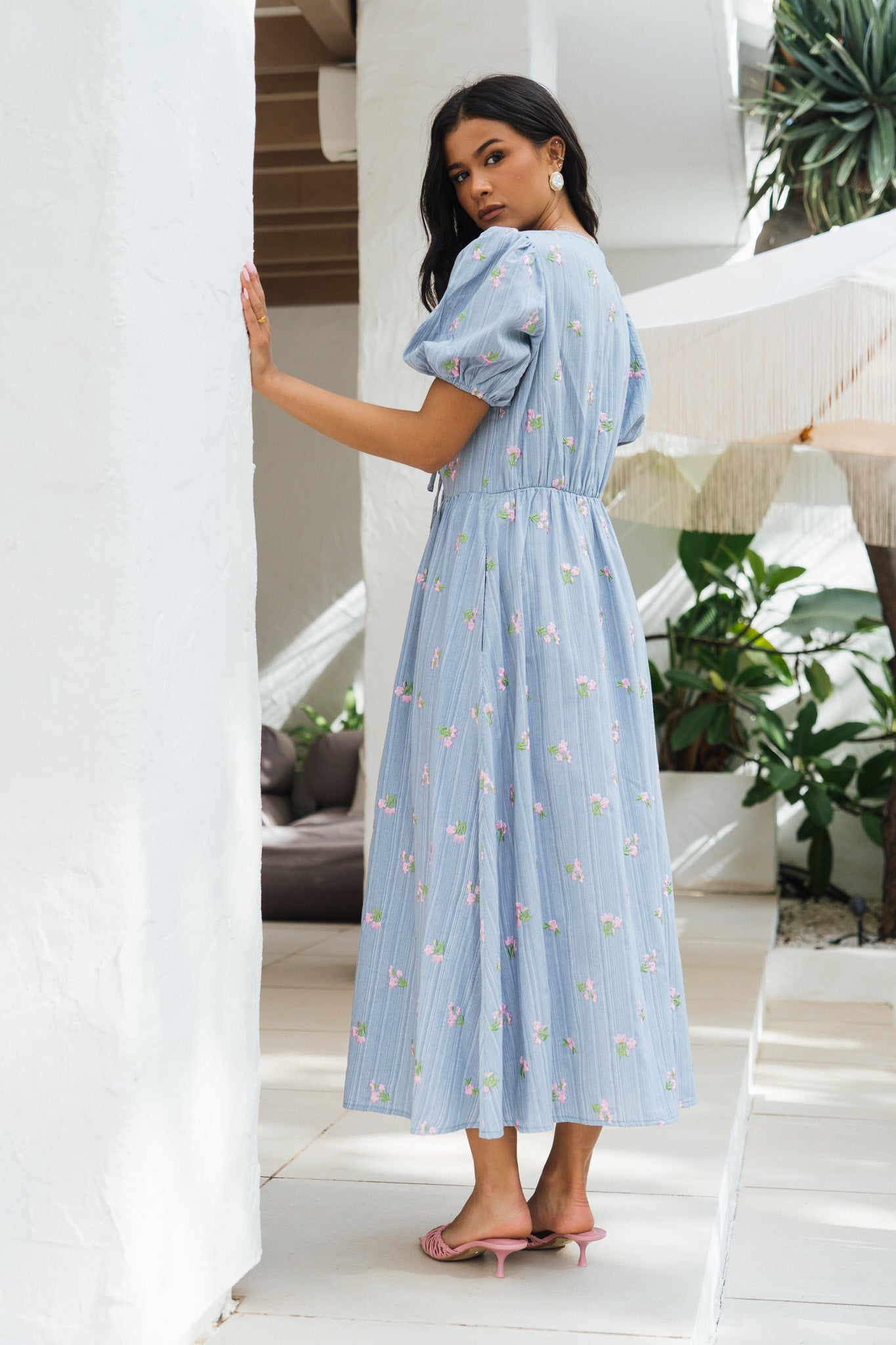 Gini London Blue Cotton Mix Tie Detail Puff Sleeves Midi Dress