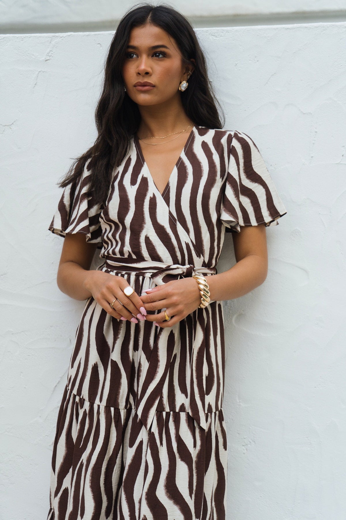 Gini London Chocolate Zebra Print Wrap Midi Dres