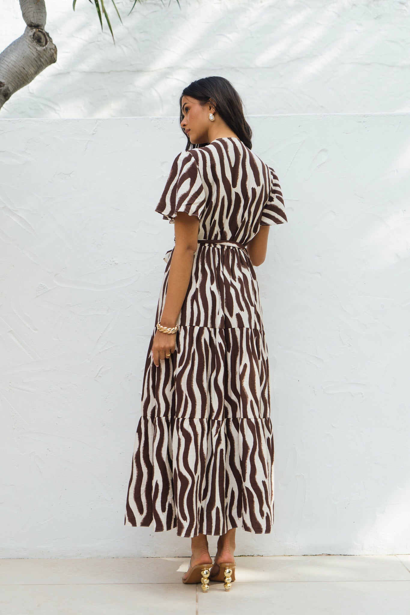 Gini London Chocolate Zebra Print Wrap Midi Dres
