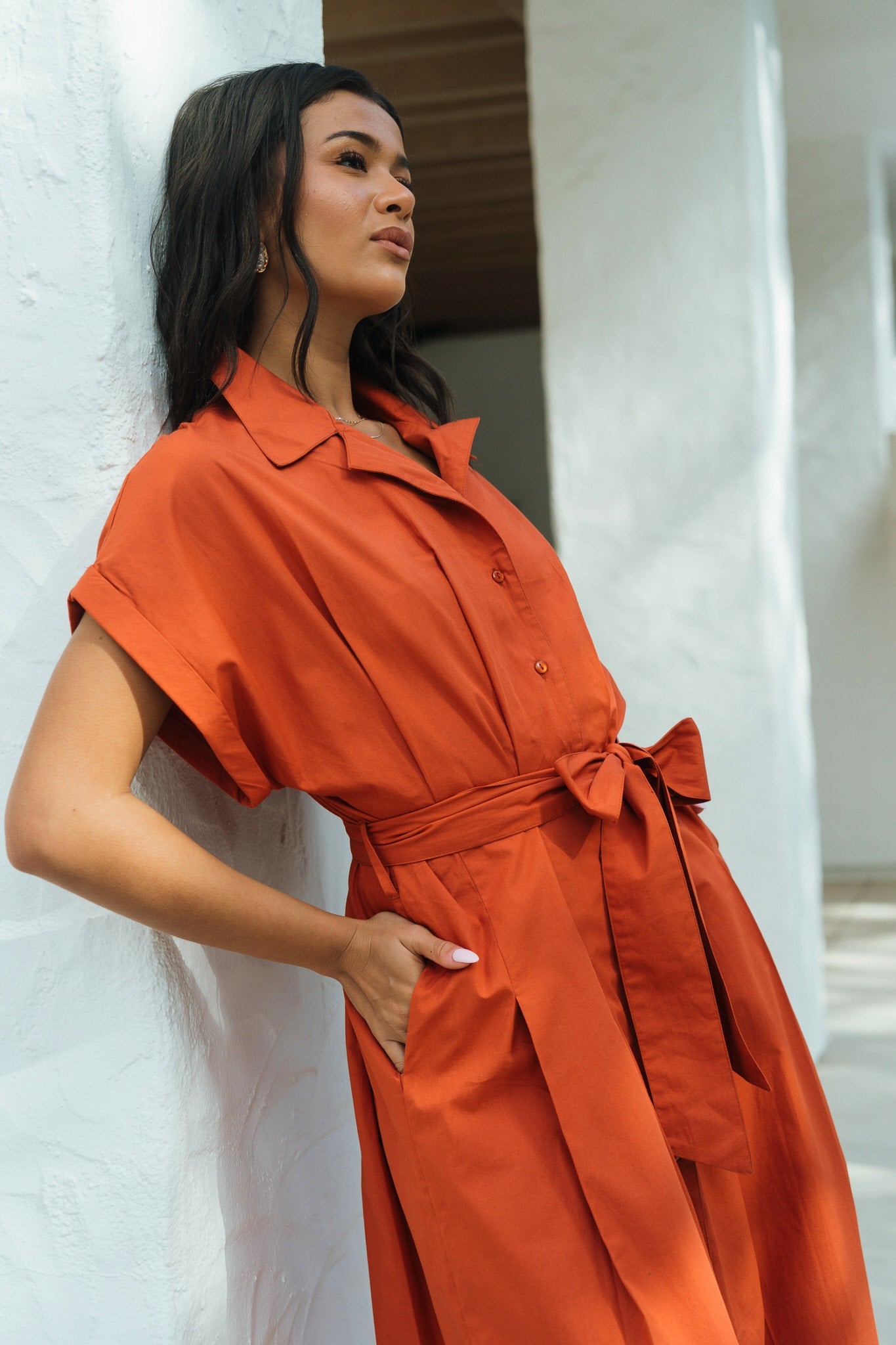Gini London Rust Cotton Button Through Belted Shirt Dress